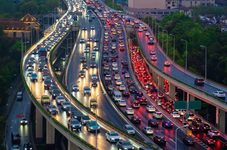 raffic jam in the rush hour on highway.